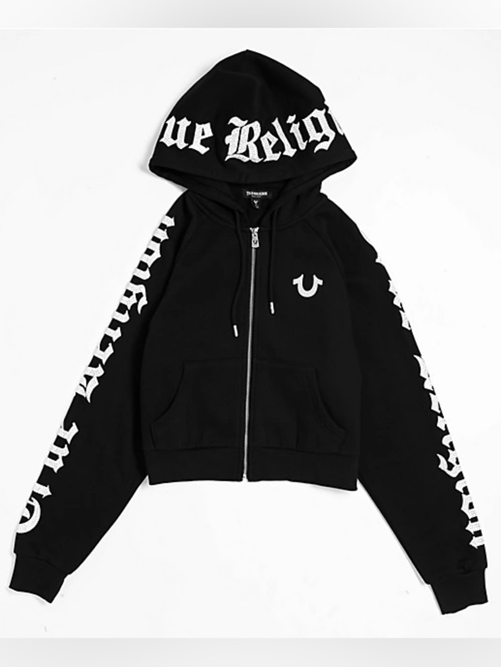 True Religion Crystal Relaxed Black Zip Hoodie Y2K Rhinestone Women’s M